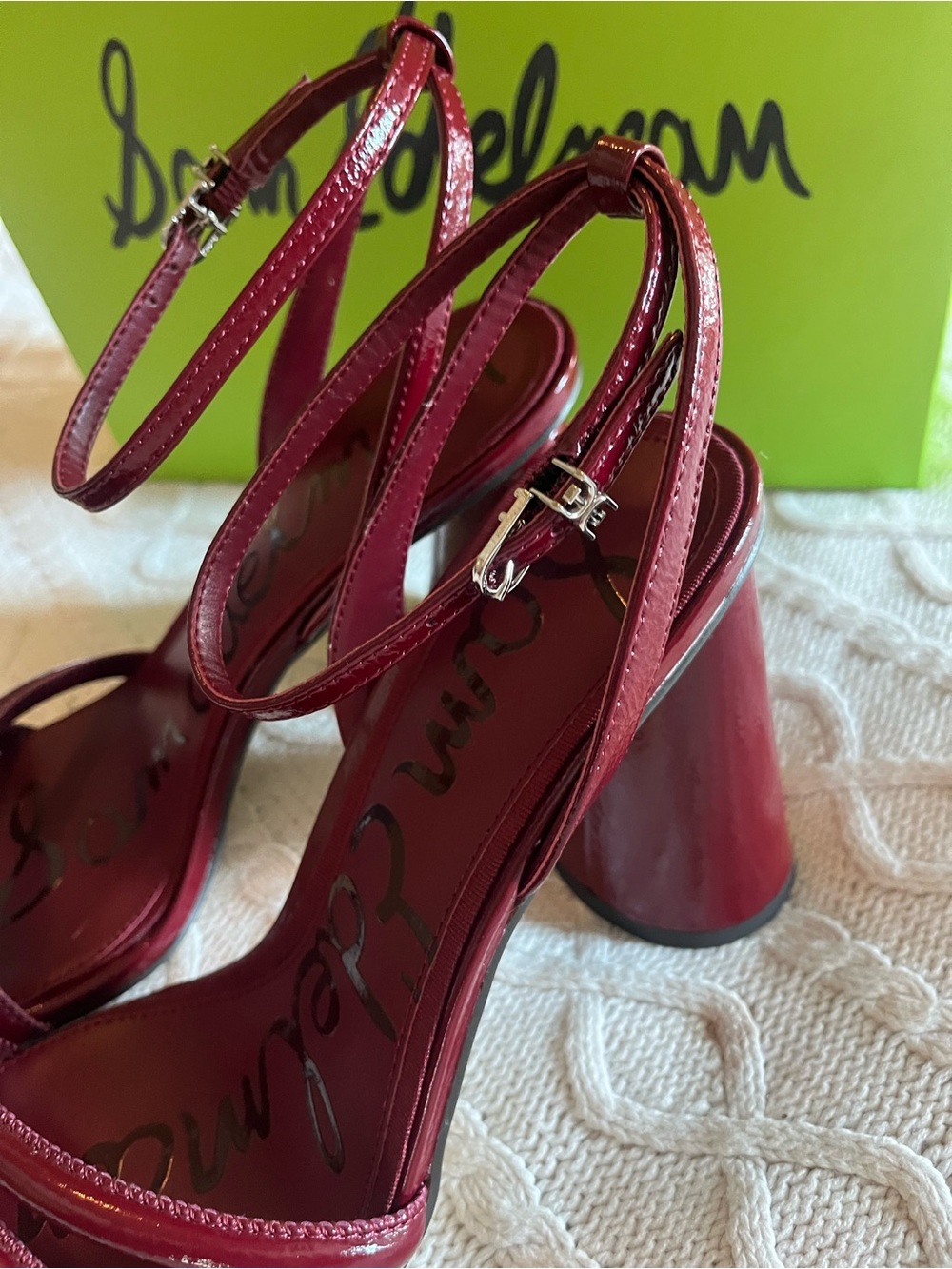 Sam Edelman Red Merlot Patent Leather Ankle-Strap Block Heel Sandals Size 9.5 - Picture 14 of 16